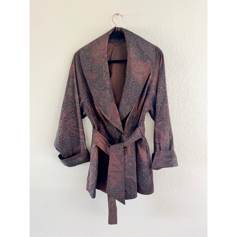 Vintage Wrap Jacket Women M Brown Paisley Leopard Print Belted Shawl‎ Collar 90s